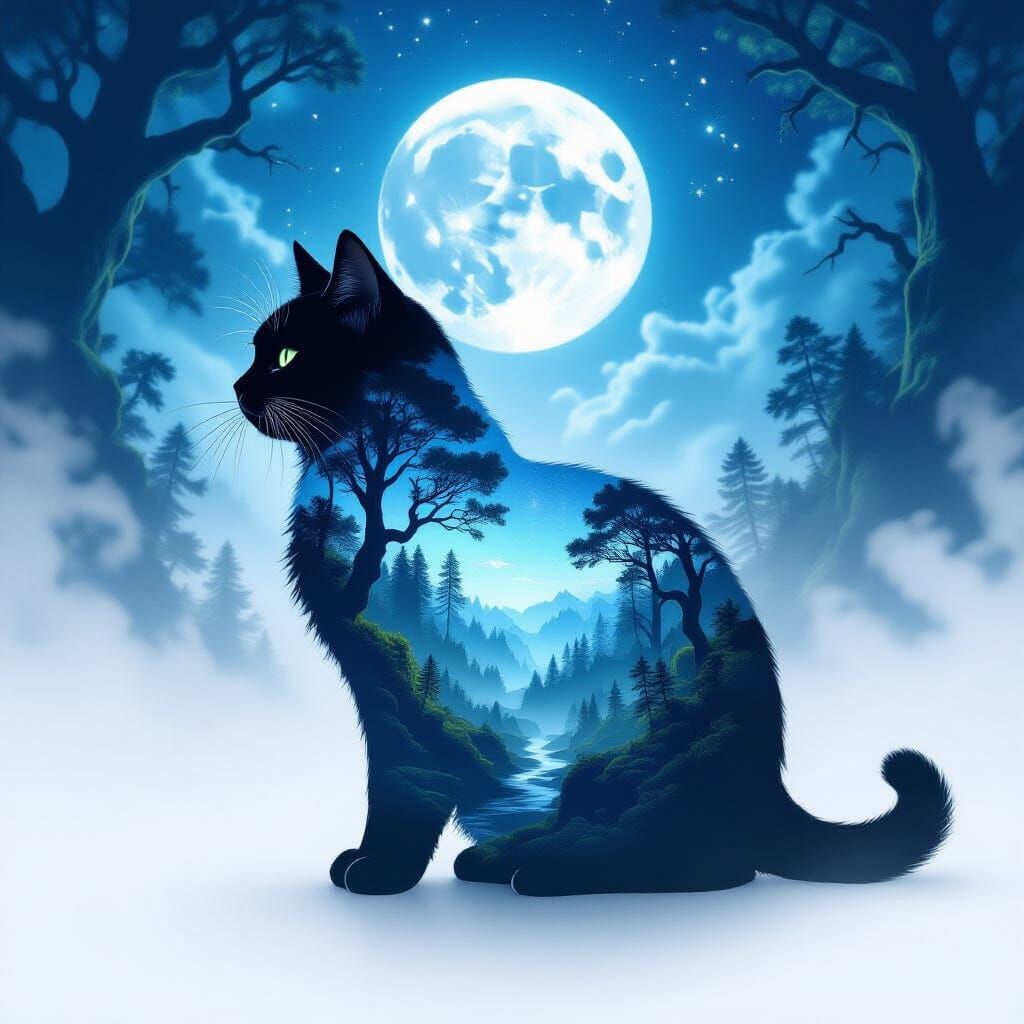 Black Cat Silhouette Merged with Mystical Forest