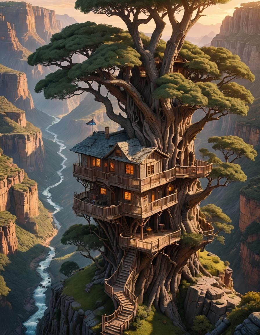 Hyperrealistic Stone Treehouse at Sunset Near Canyon
