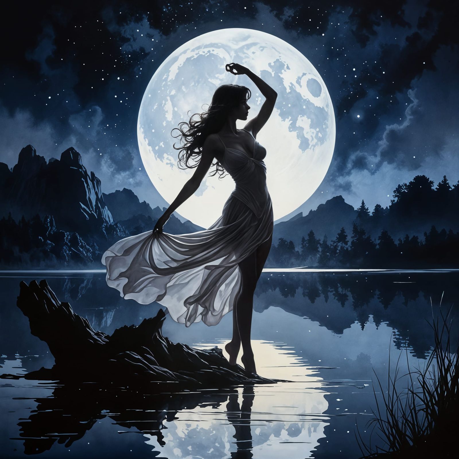 Woman Dancing in Moonlight: An Art Nouveau Watercolor