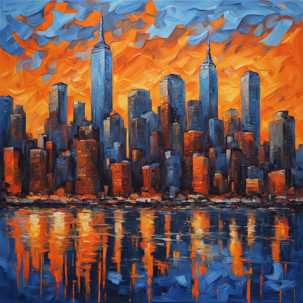 Manhattan Urban Landscape in Neo-Impressionist Style