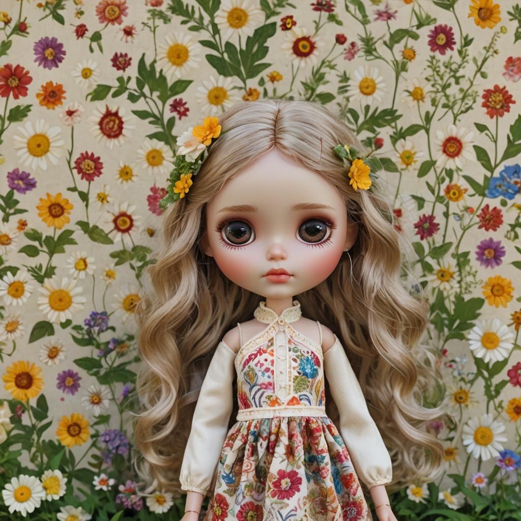 Blythe Doll in Sun-Drenched Garden, Hyperrealistic Style
