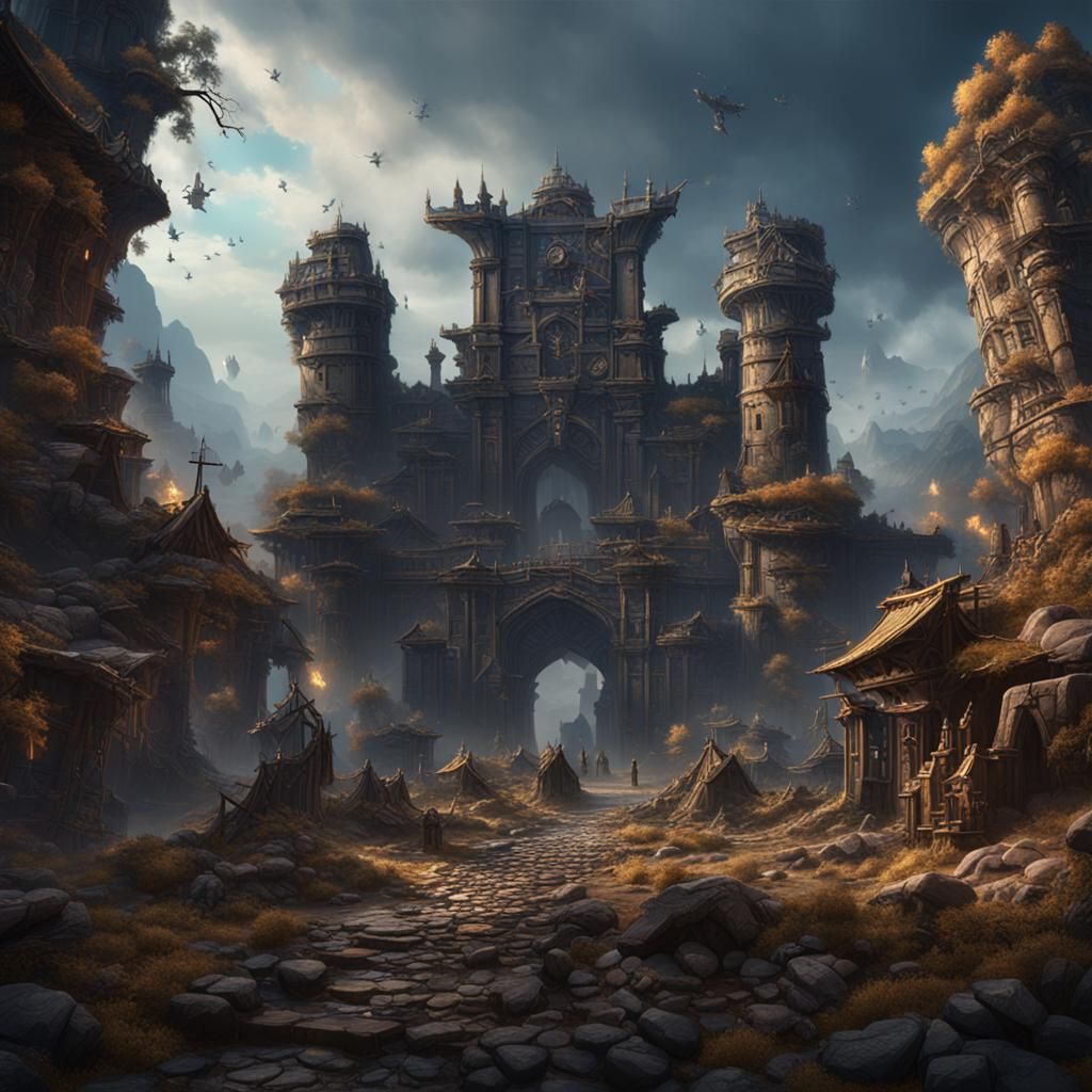 Detailed Matte Painting of Raiders in Fantasy Landscape
