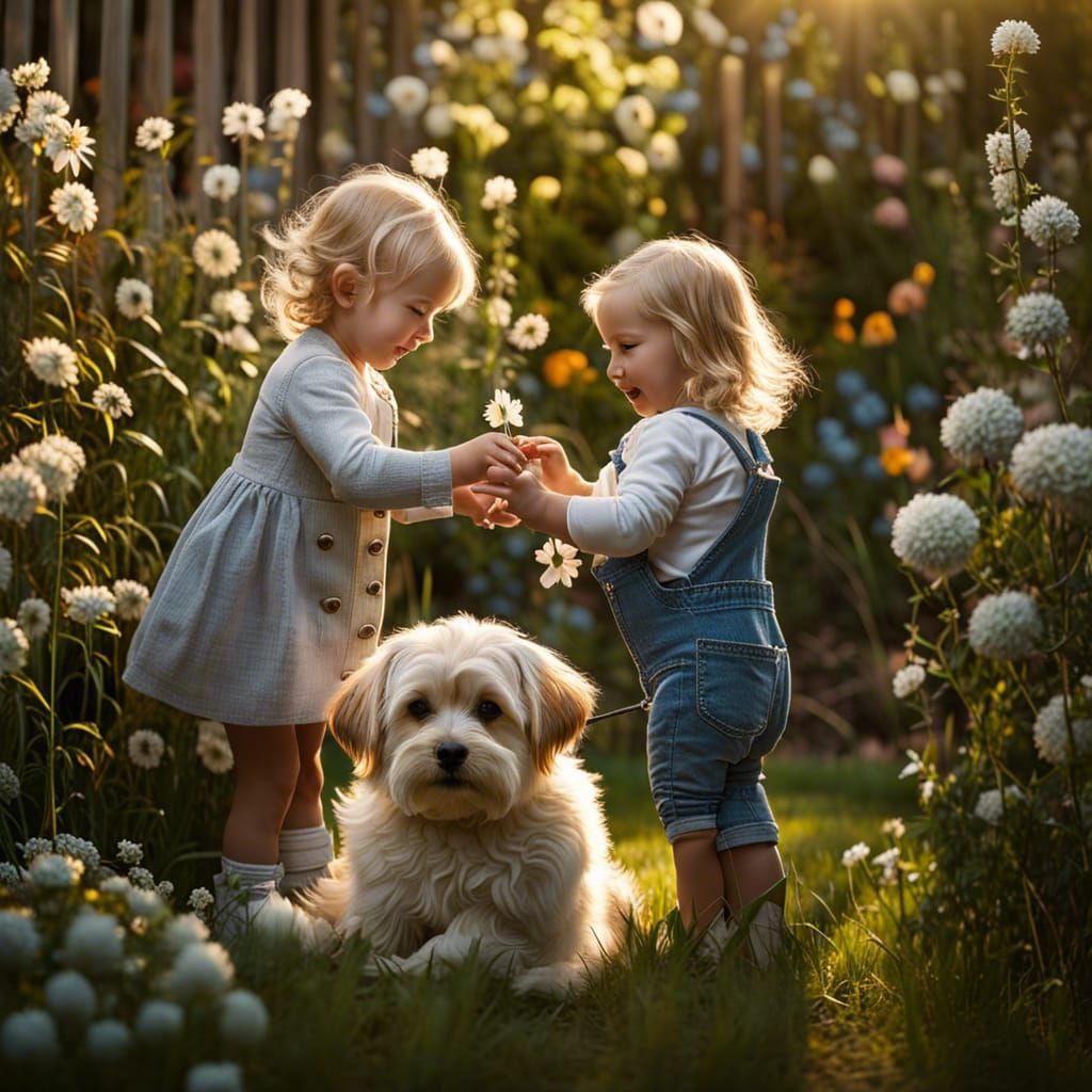 Toddler Siblings Play with Dog in Garden