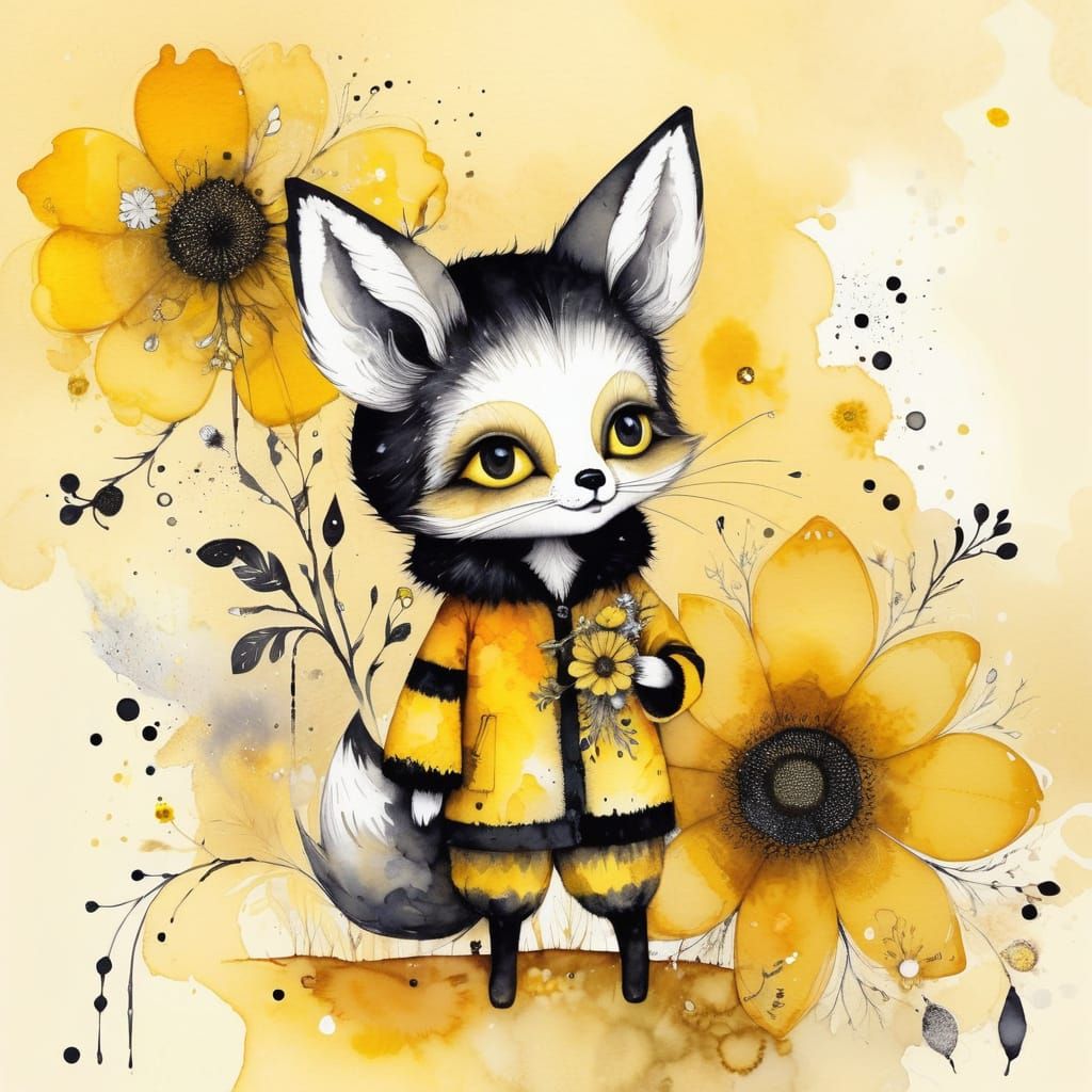 Vibrant Bumblebee Fox in Whimsical Watercolour Style