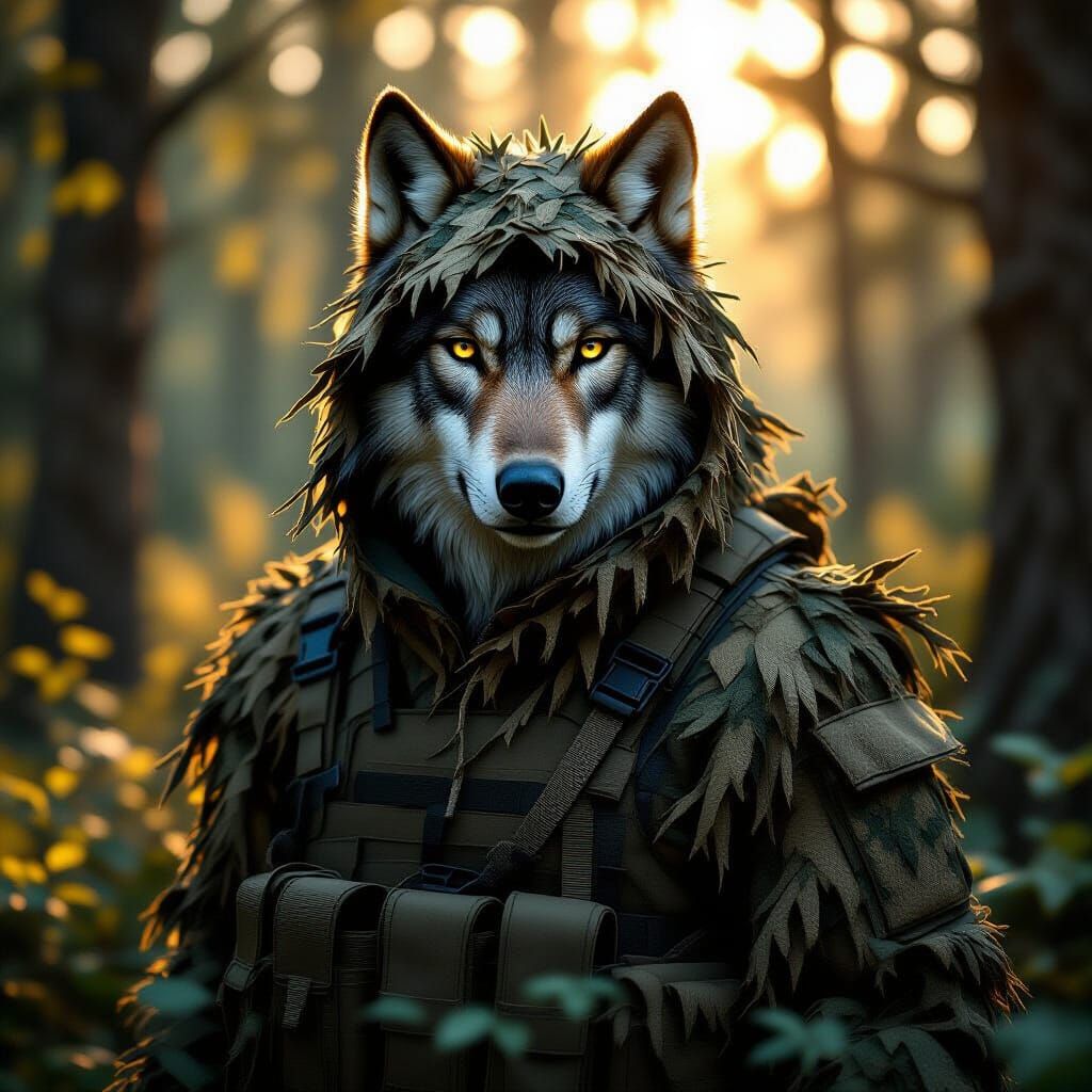 Photorealistic Wolf in Ghillie Suit in Forest