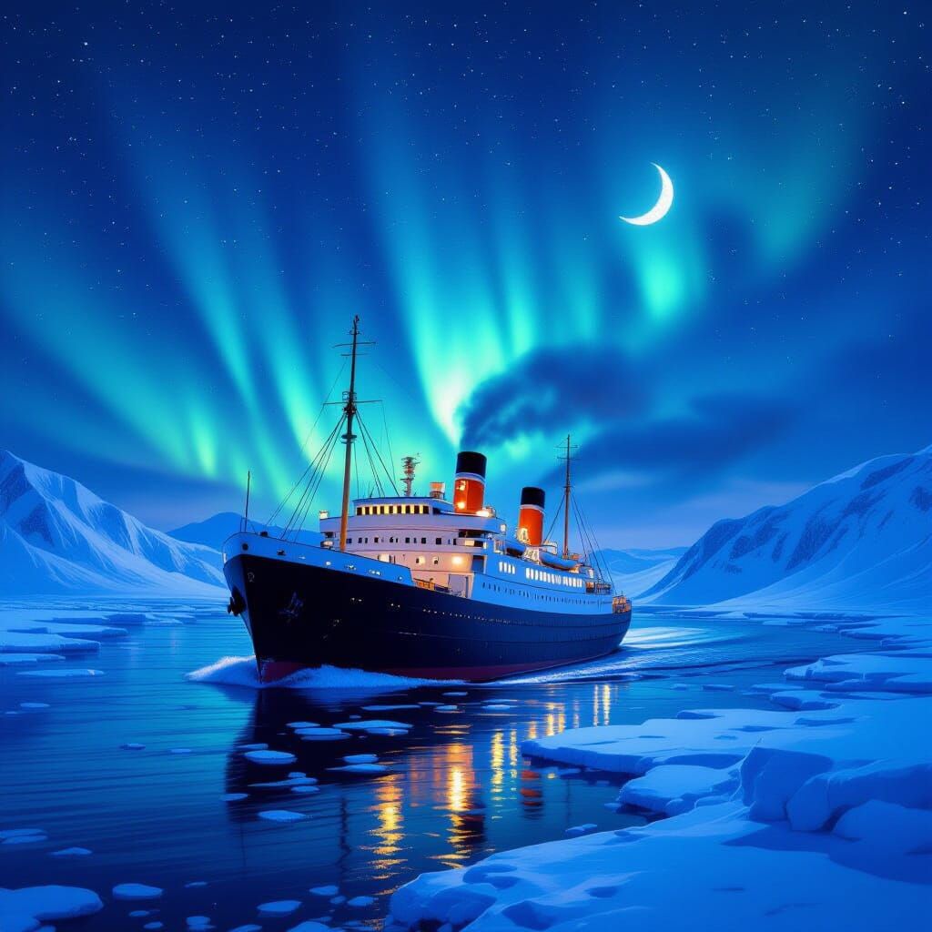 Arctic Steamship Under Aurora Borealis
