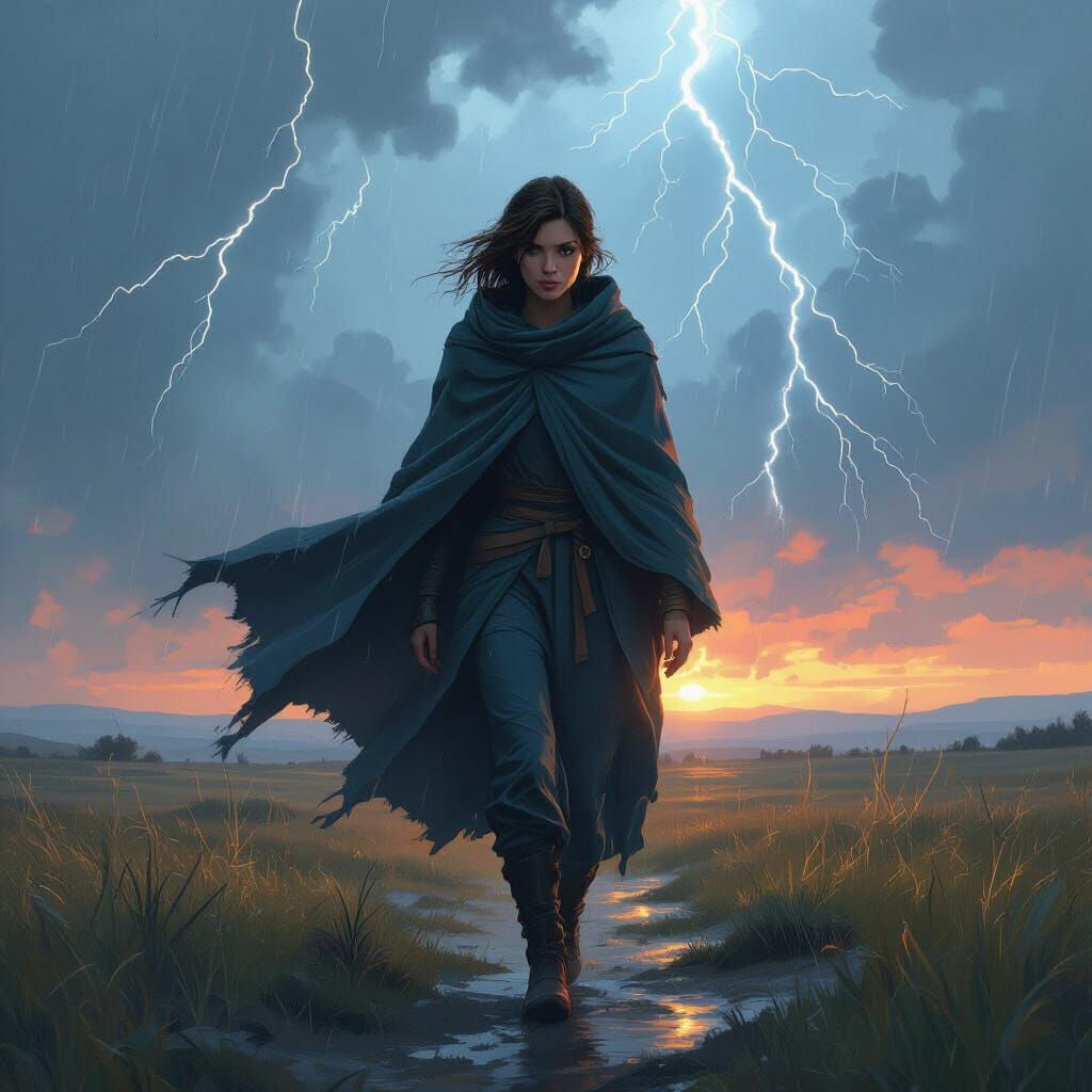 Resilient Woman Walks Through Stormy Landscape