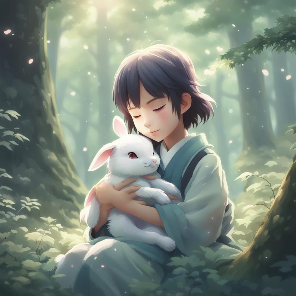 Child and Rabbit in Japanese Anime Style