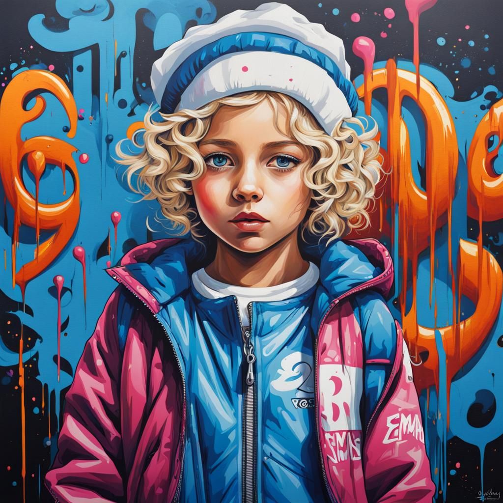Girl in Graffiti Art Style with Blue Jacket