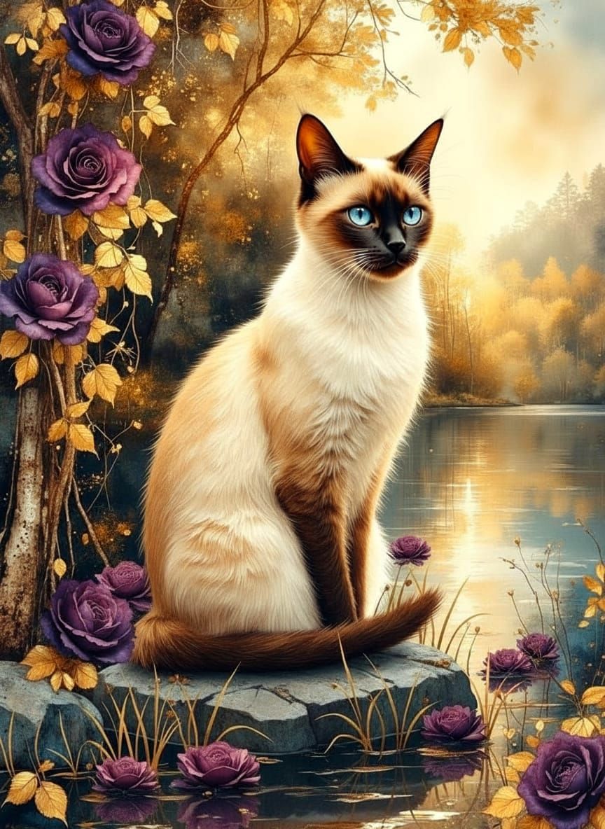 Cat with Golden Grass and Purple Roses