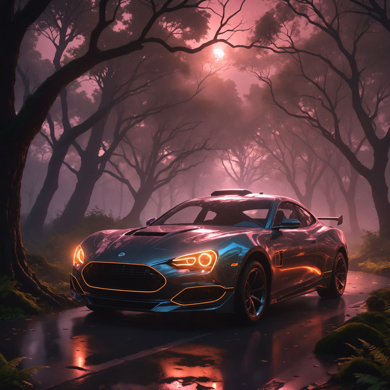 Neon Car in Cyber-Glass Tubescape with Light Streams