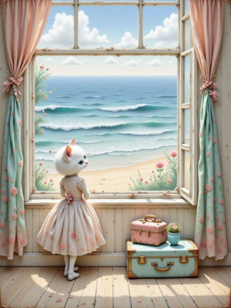 Kitten in Cottagecore Beach Scene with Pastel Colors