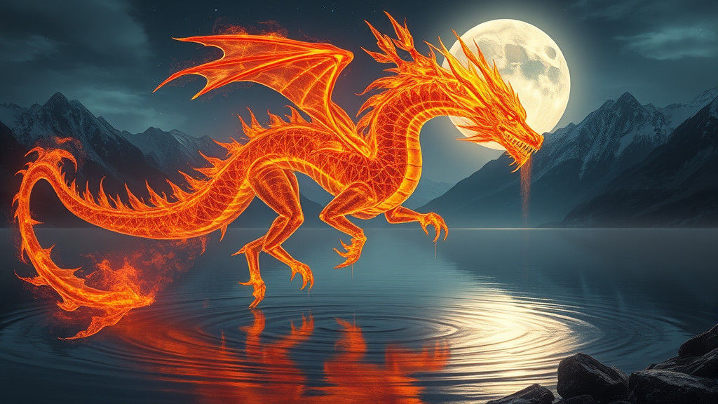 Fiery Dragon Descends on Moonlit Mountain Lake