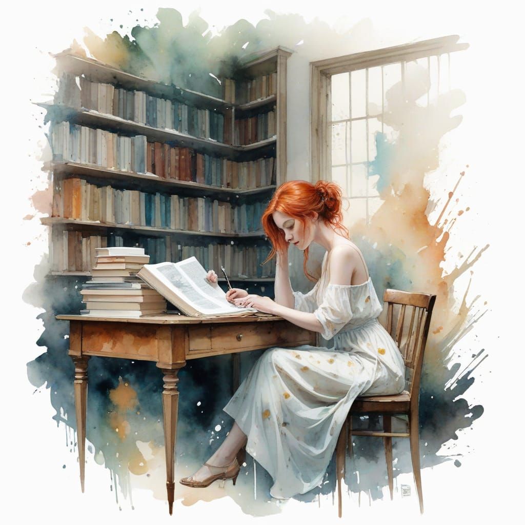 Sultry Redhead Reads Classics in Library Oasis