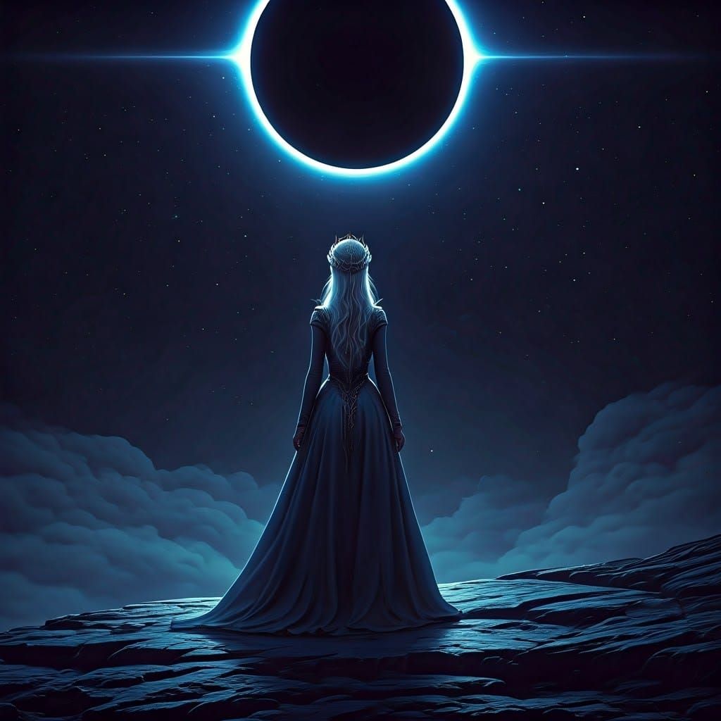Mystical Woman Watching Celestial Eclipse in Dystopian Style