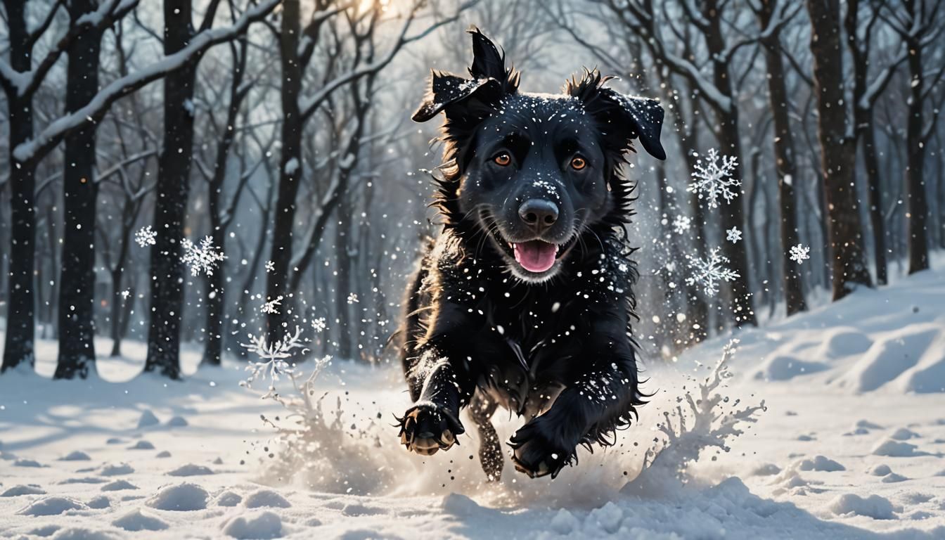 Dog Kicks Snow in 80s Illustration Style