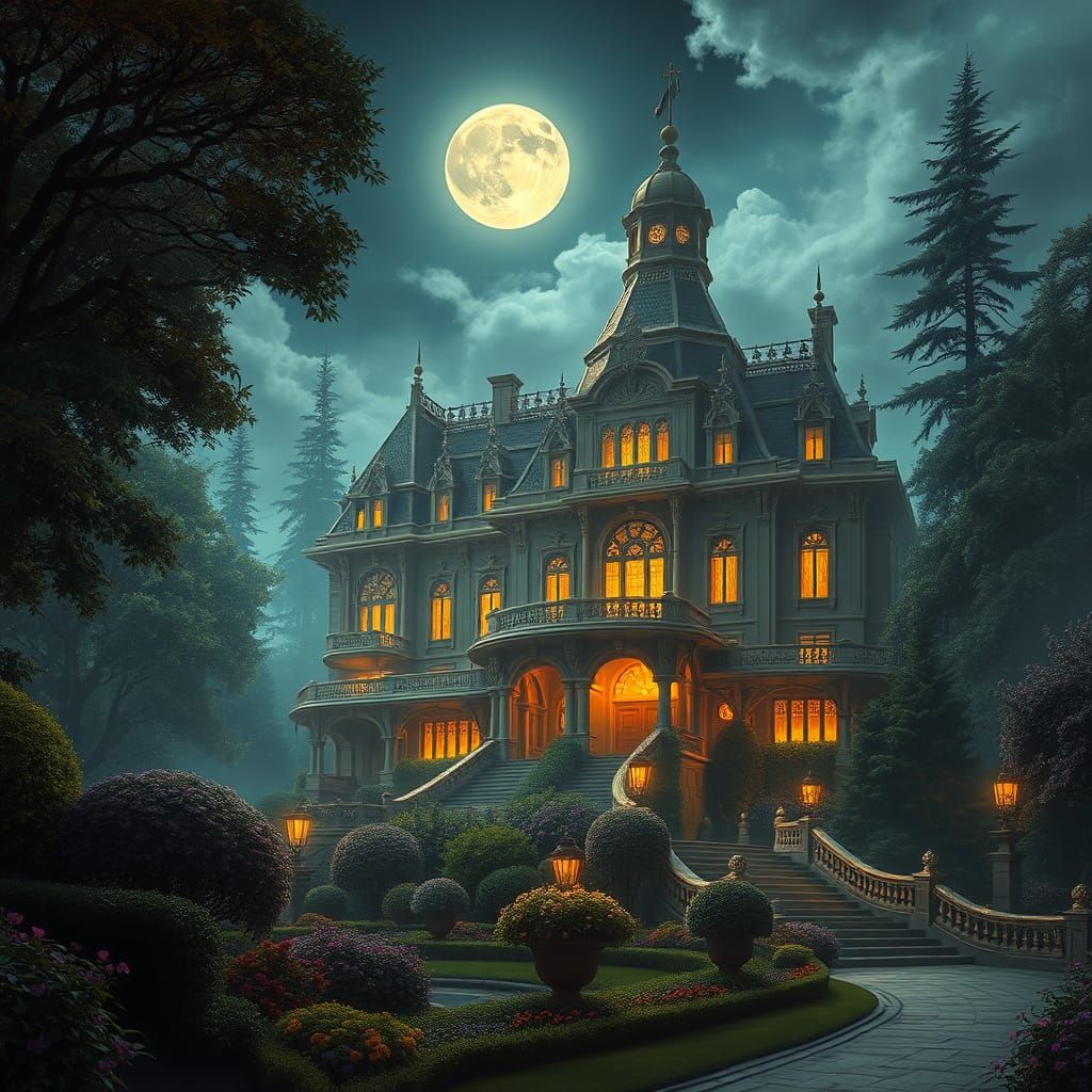 Ornate Mansion at Night in Dreamy Landscape