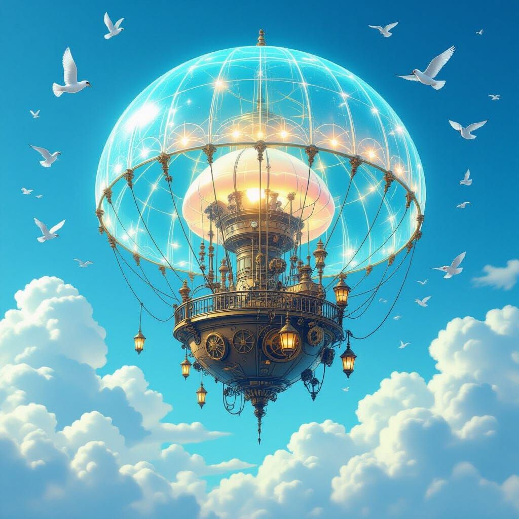 Bioluminescent Jellyfish Airship in Steampunk Style