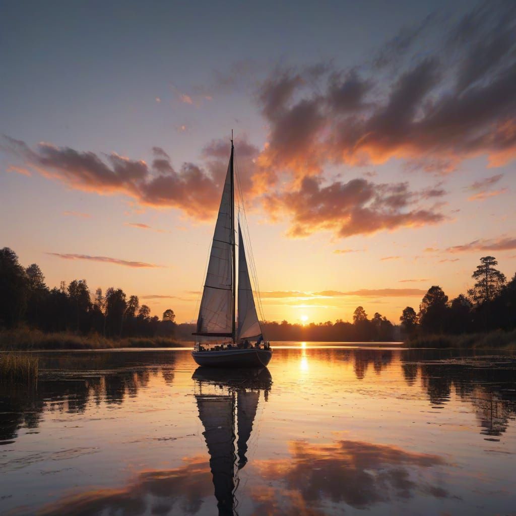 Sailing Boat Silhouetted at Sunset on a Serene Lake