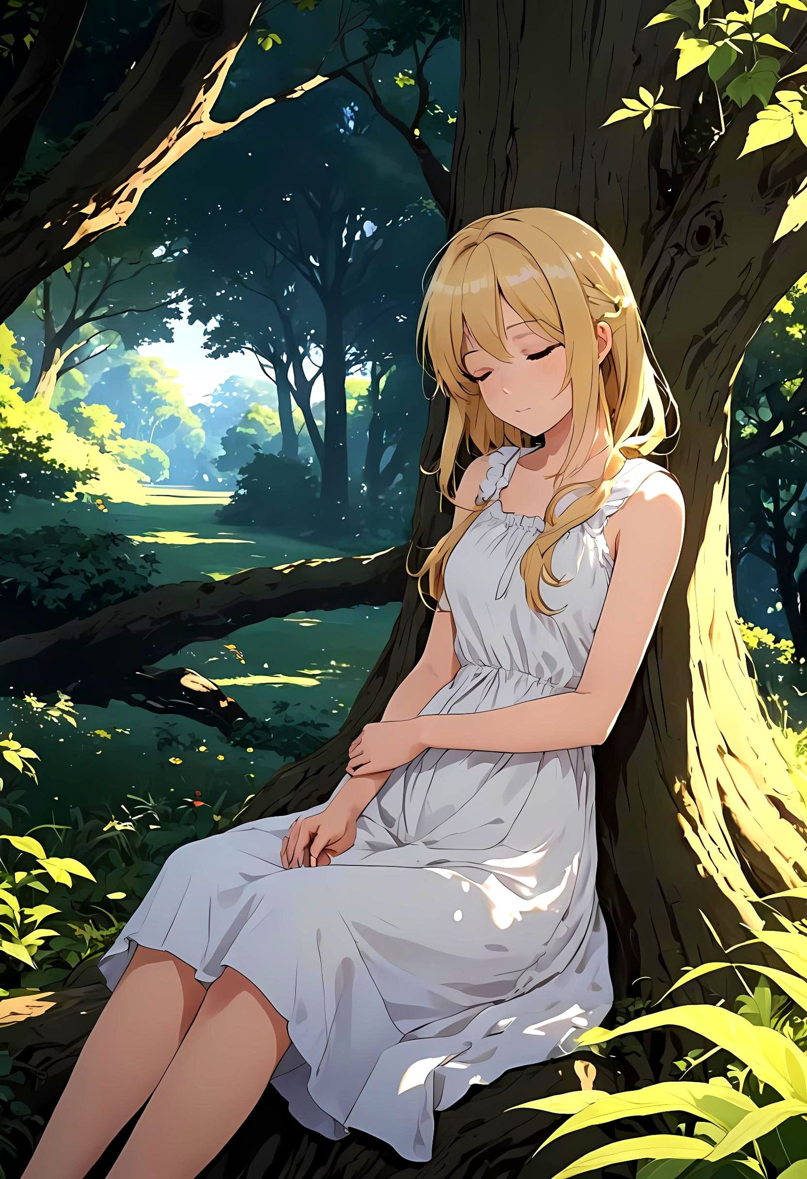 Woman Sleeping by Tree in Anime Style