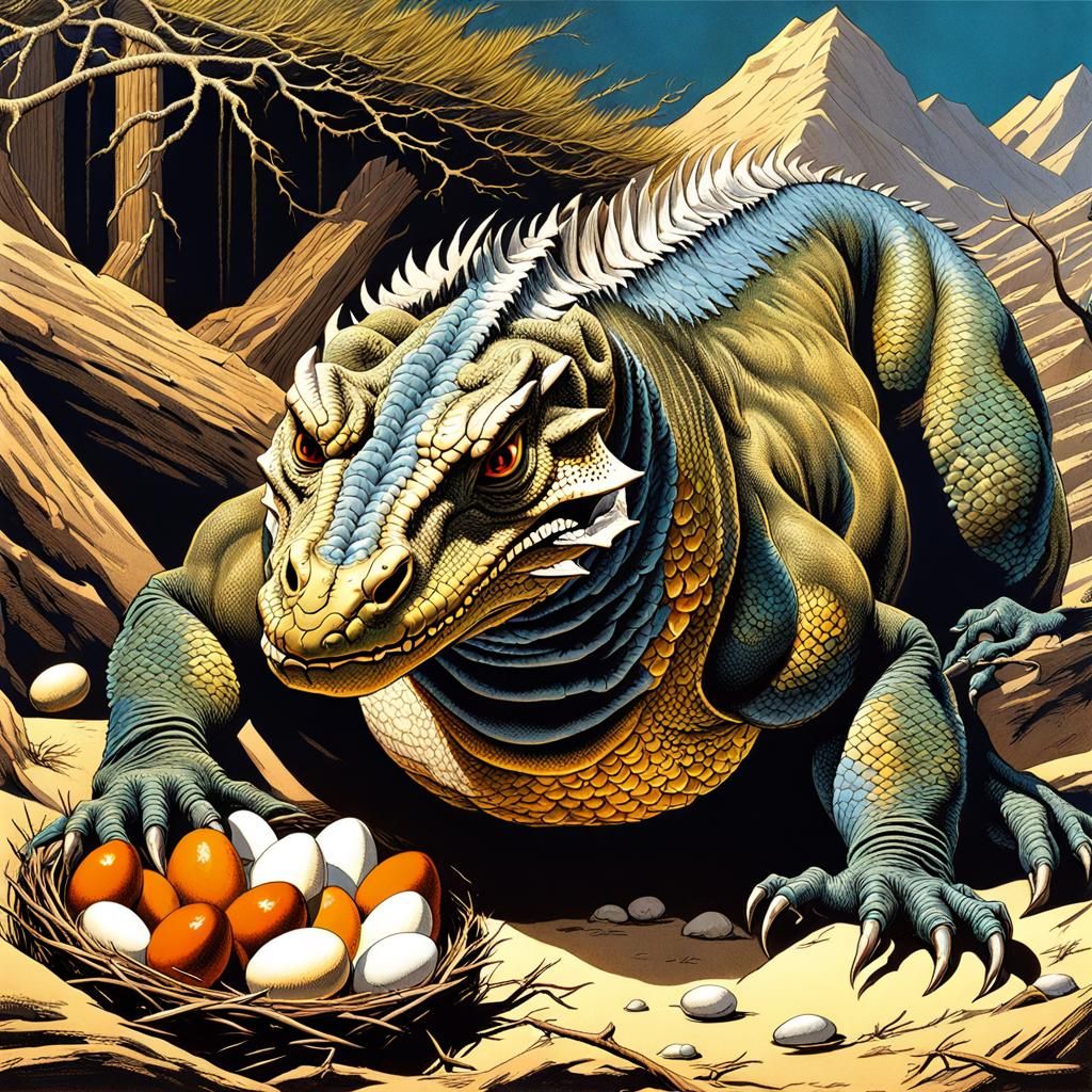 Komodo Dragon Robbing a Nest