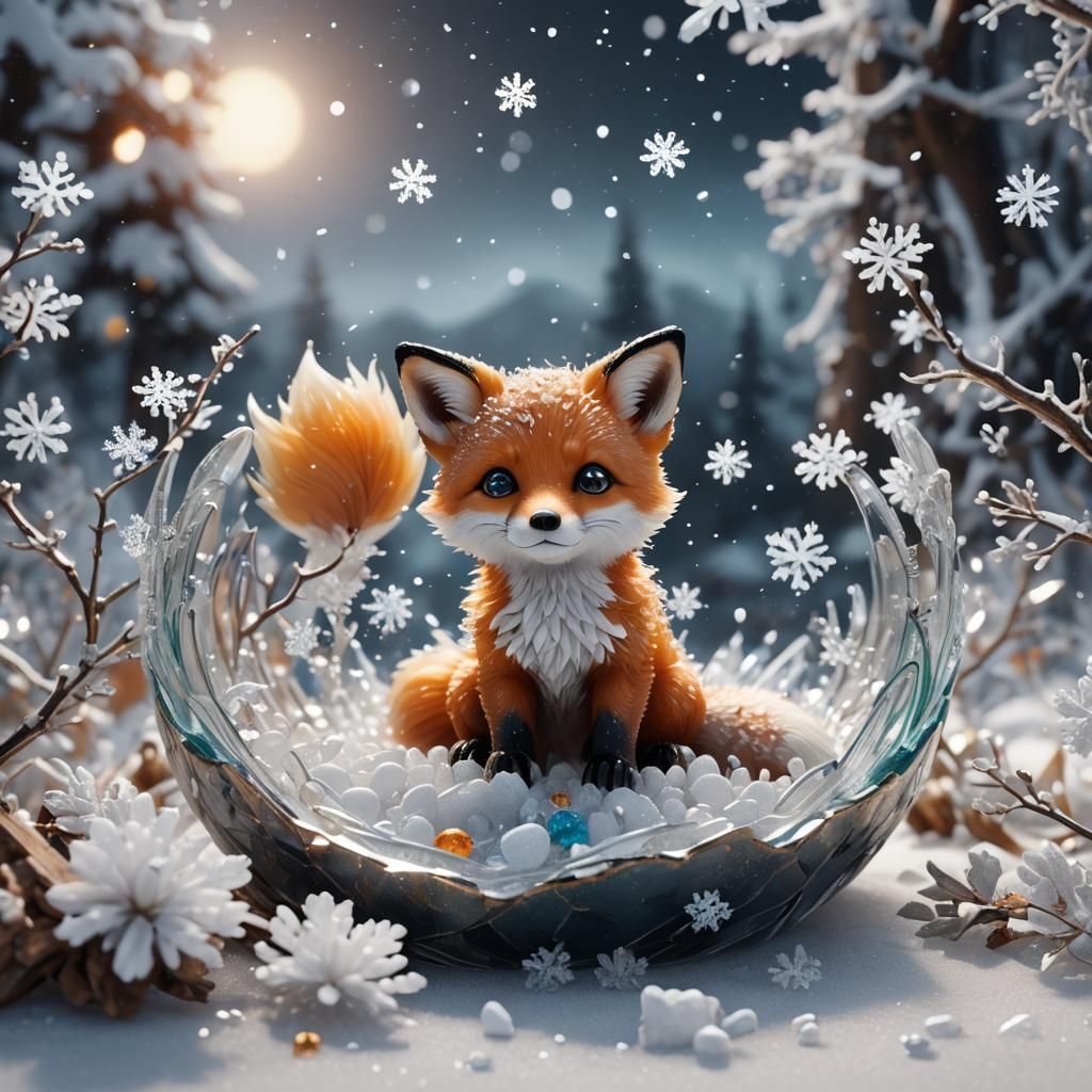 Glass Fox Cub in Snowflakes, Detailed Digital Art