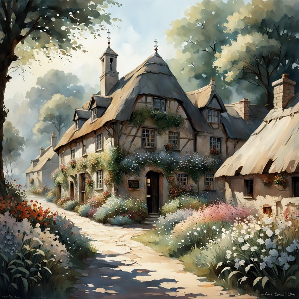 Whimsical English Village Scene in Watercolor Style