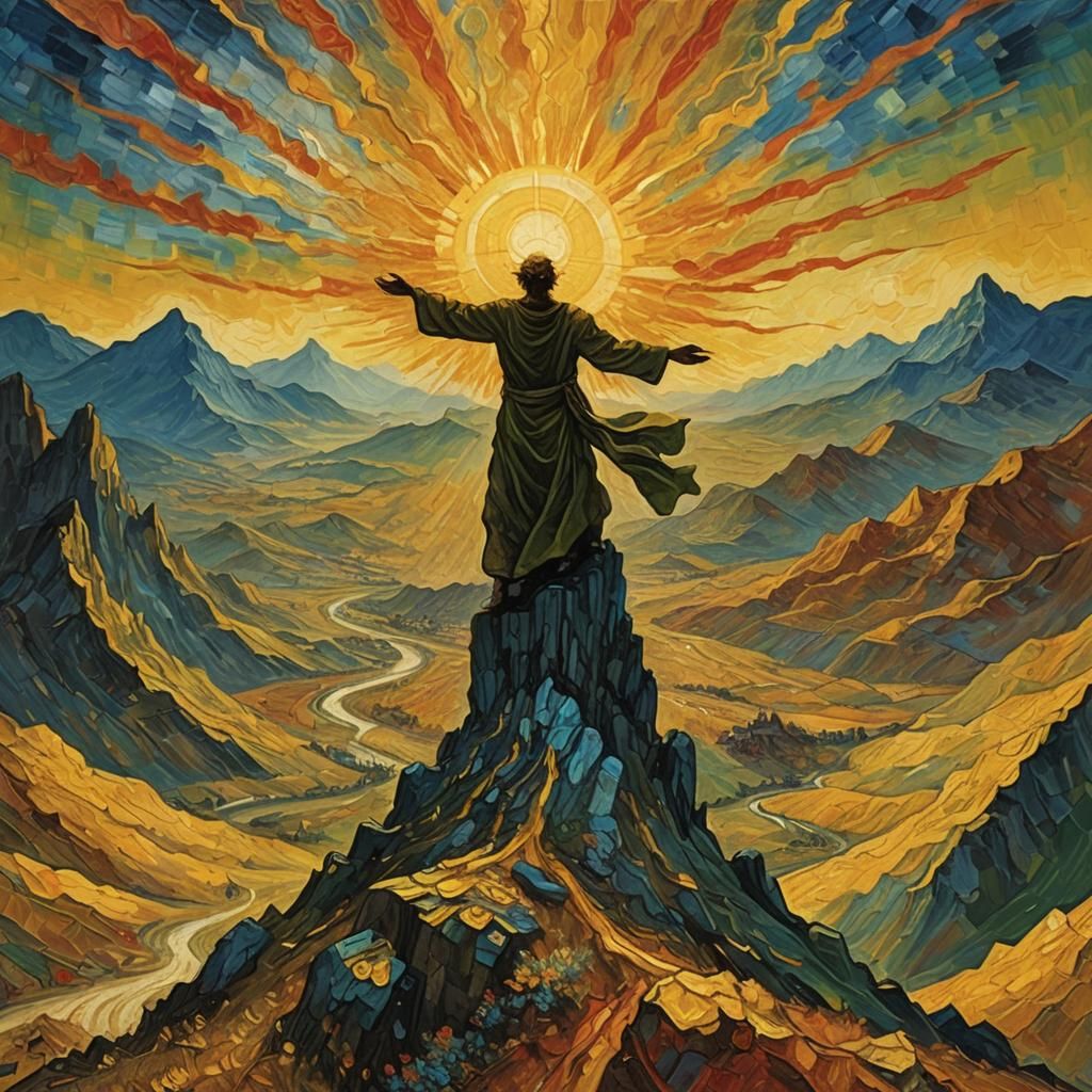 Golden Sun God in Impasto Gouache Landscape