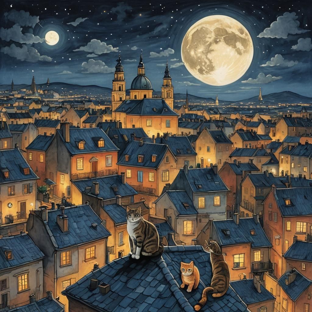 Cats on a Rooftop in Art Nouveau Style