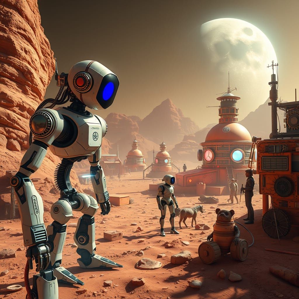 Surreal Steampunk Robots Explore Vibrant Mars Village in Hyp...