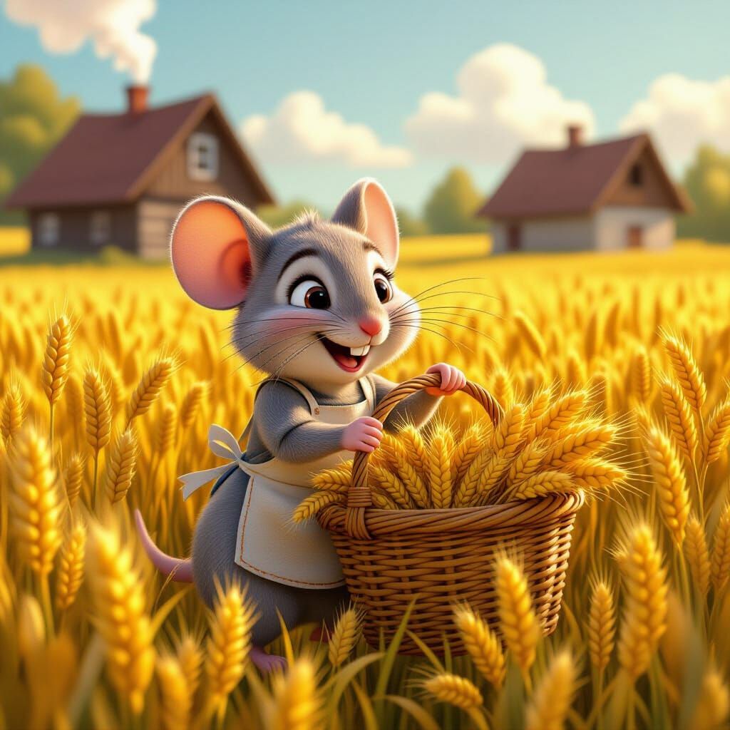 Cute Mouse Bundles Wheat in Sunny Field