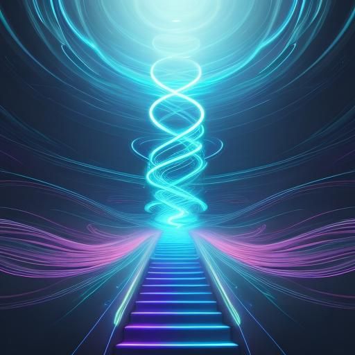 Ethereal Figure on Luminous Steps in Abstract Digital Art