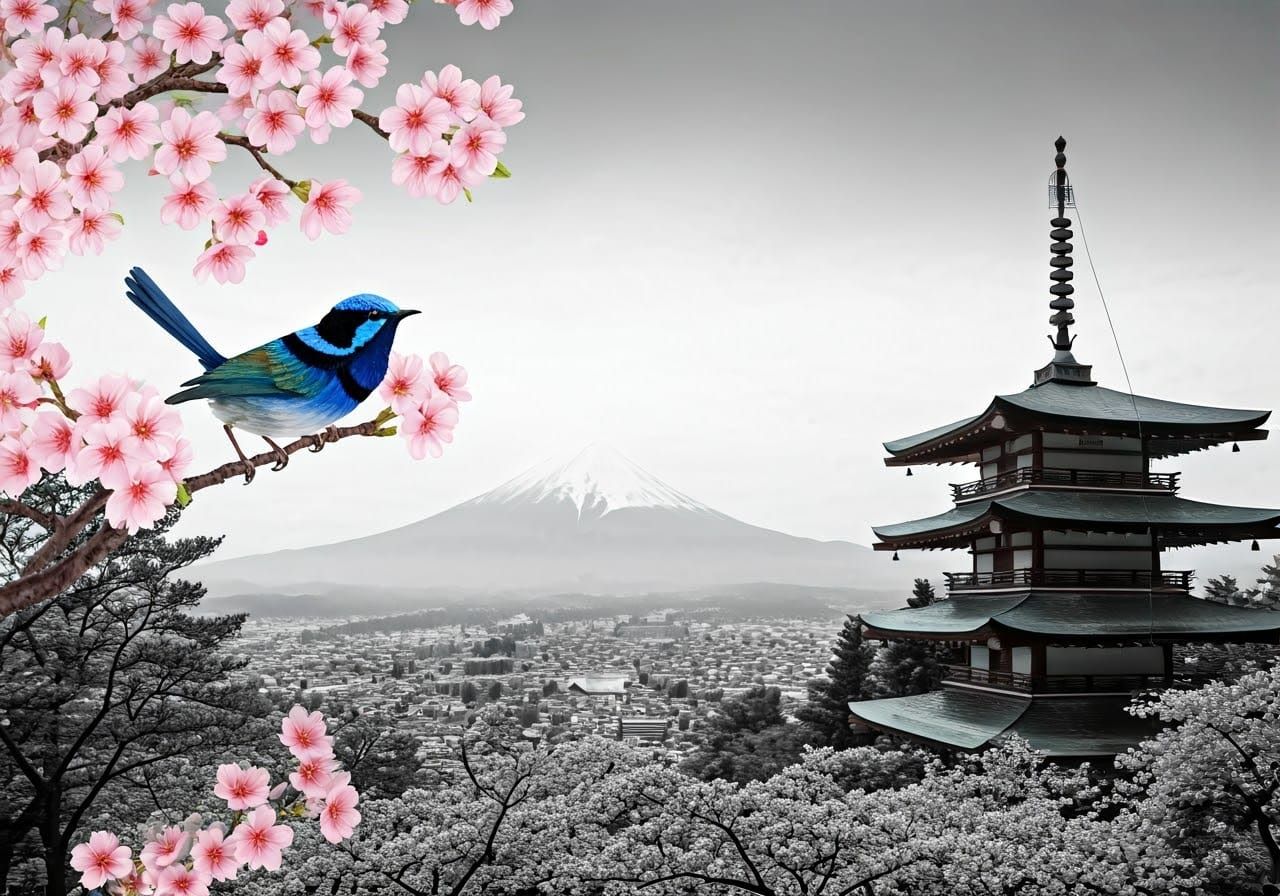 Sakura Tree with Blue Wrens in Japanese Landscape
