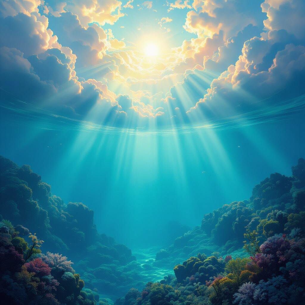 Ethereal Underwater Utopia with Divine Sunshine Beams