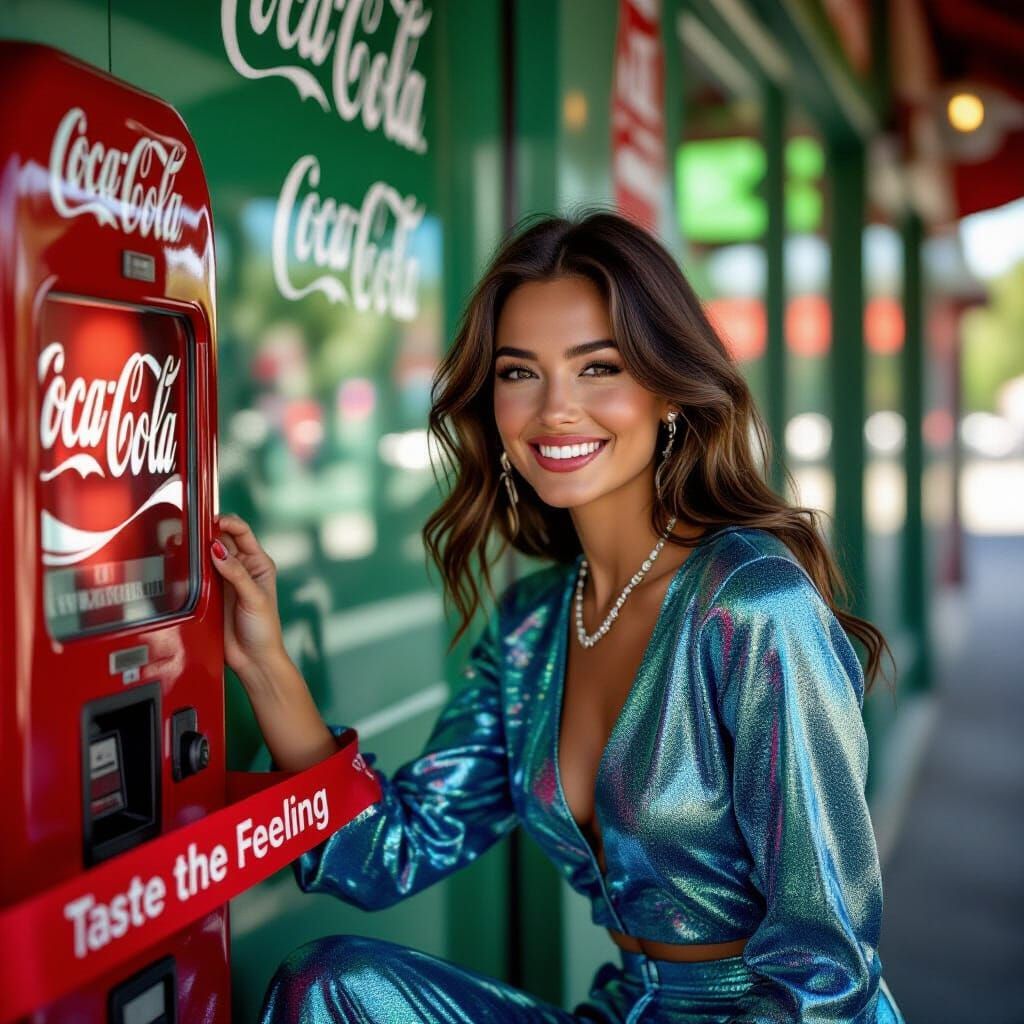 Woman Poses by Vintage Coca-Cola Machine in Metallic Top