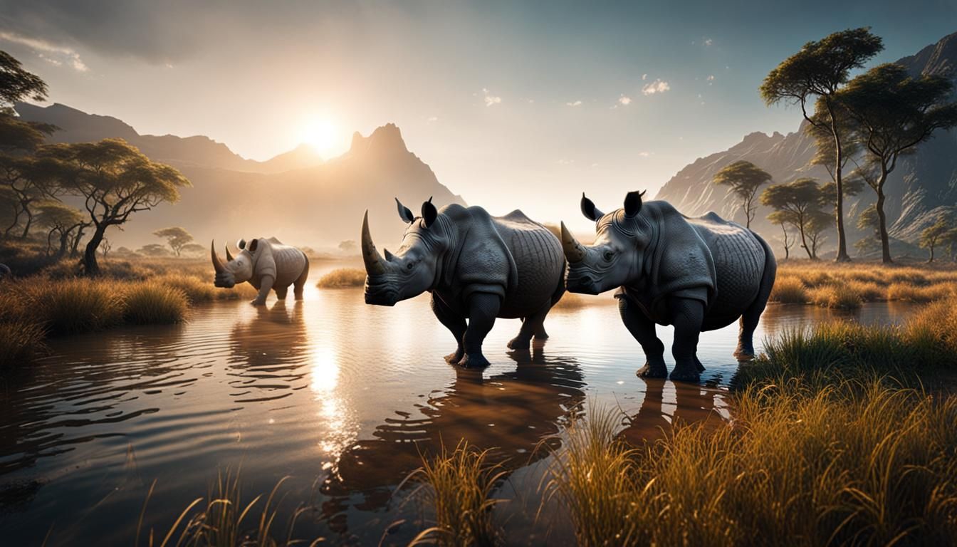 Rhinos in a Lake: Hyperrealistic Digital Art