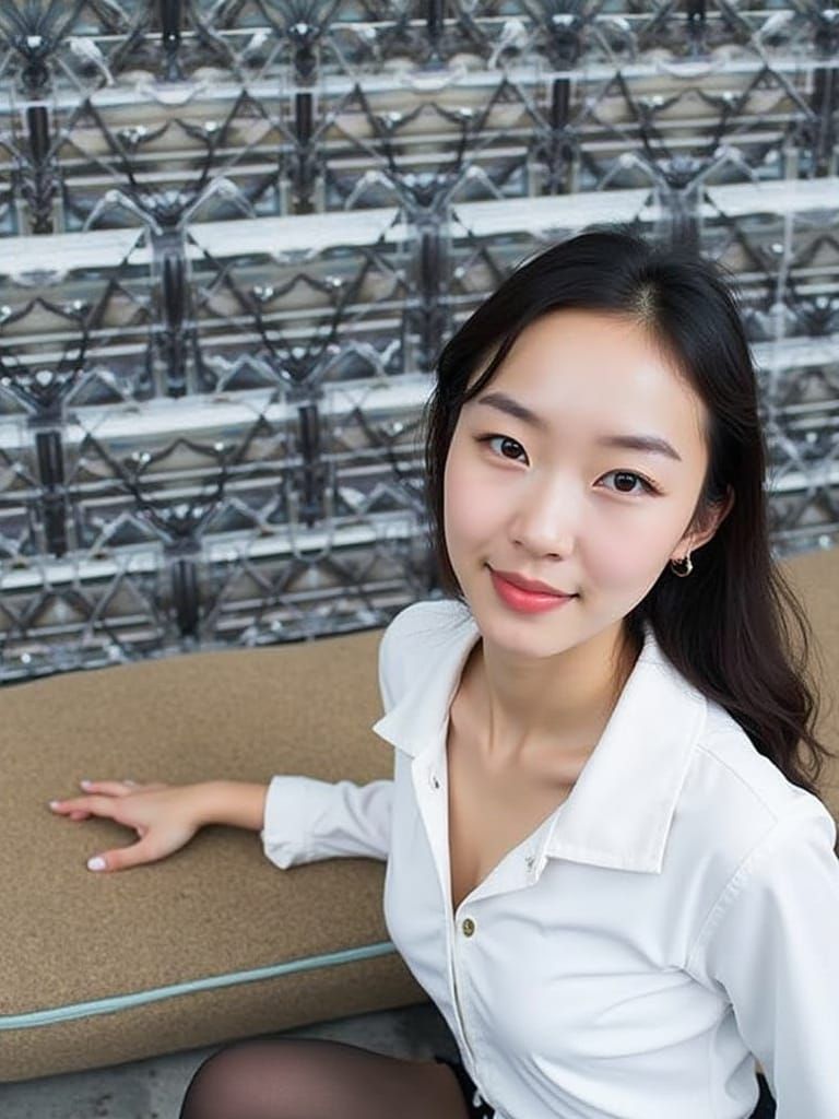 Black-and-White Portrait of East Asian Woman in Fashion Styl...