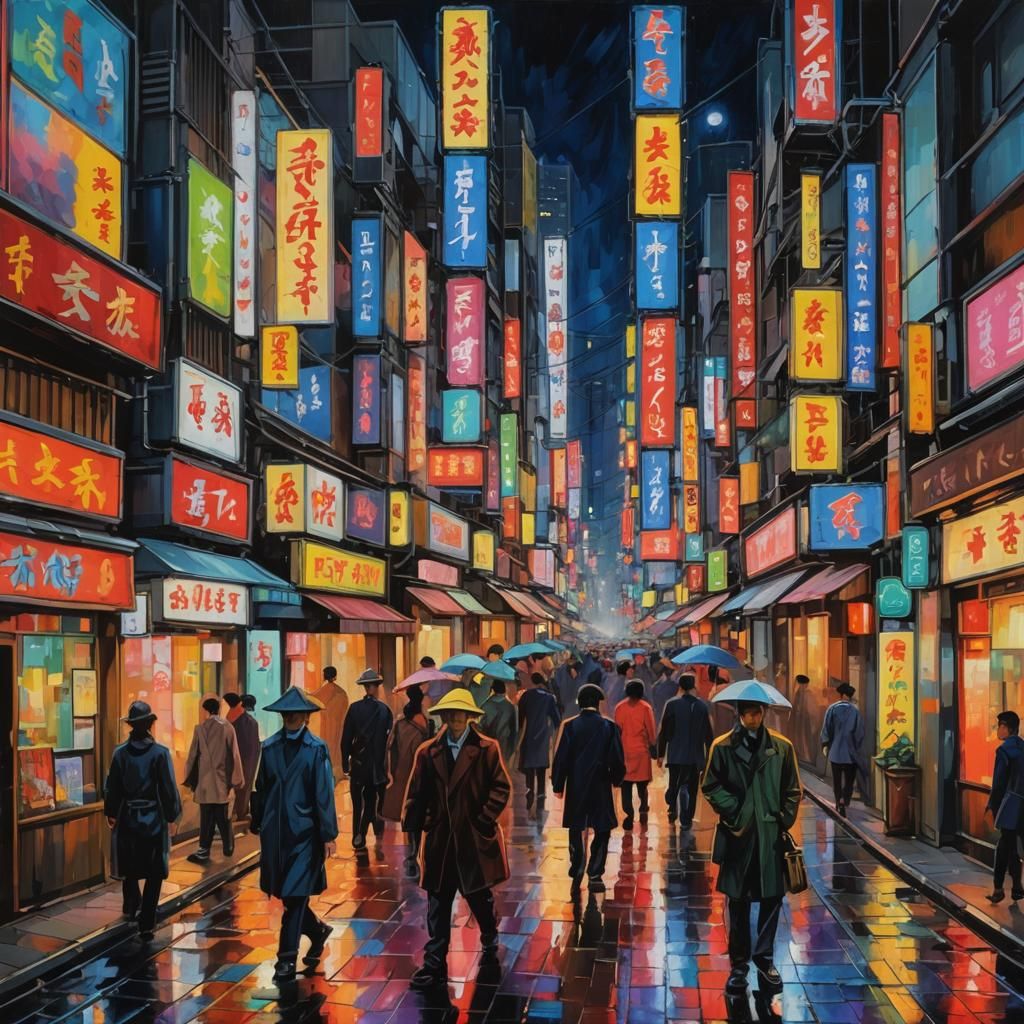 Bright glowing colored Neon Signs in downtown Tokyo Street, ...