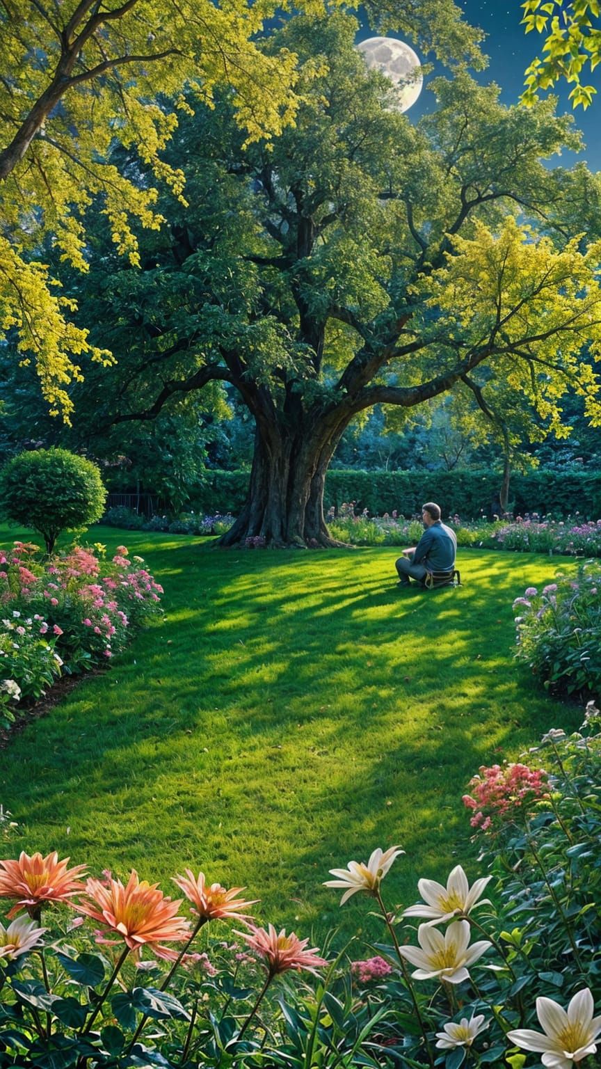 Dreamy Night Garden Scene in Soft Moonlight