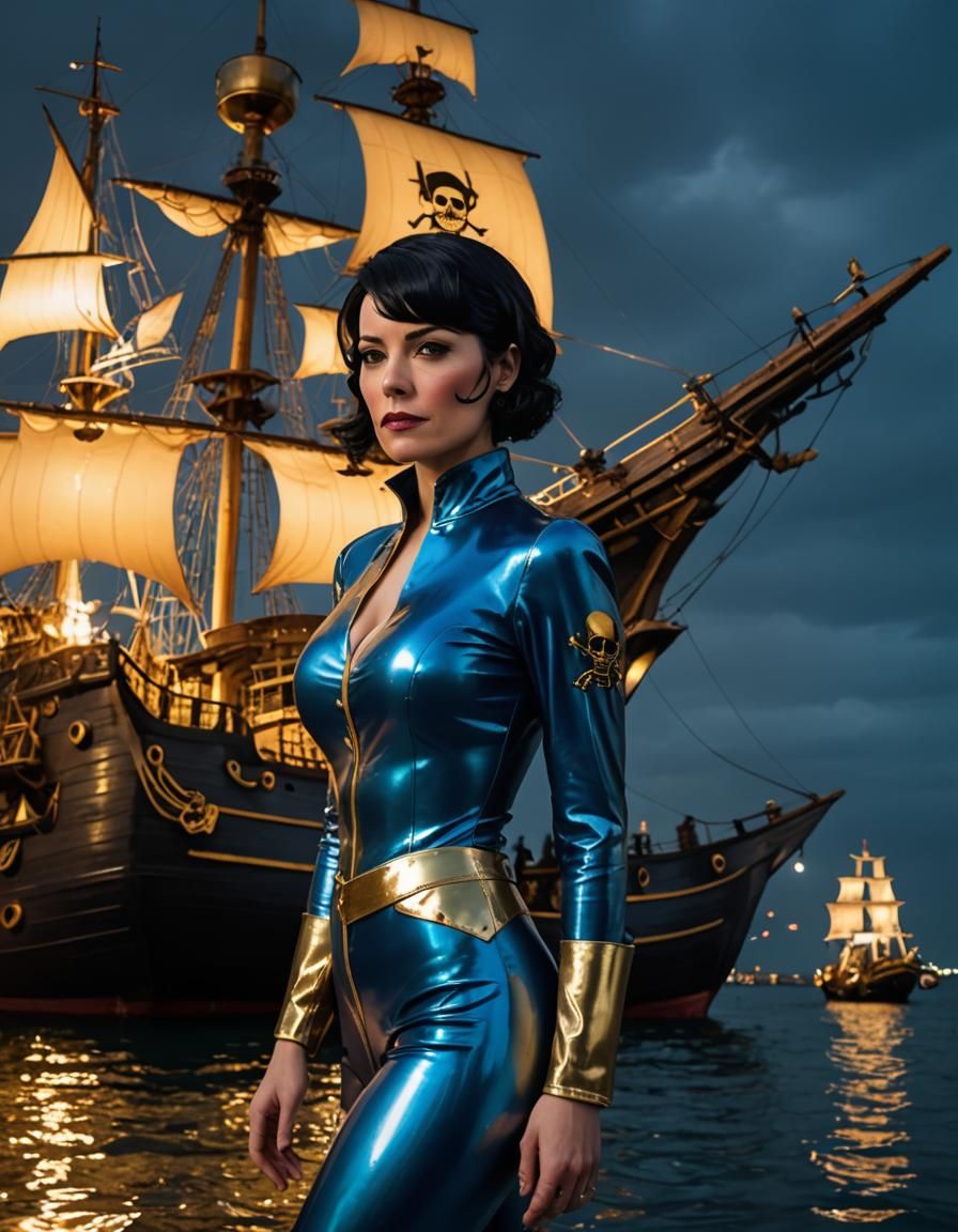Woman in Gold and Blue Latex Suit on Ship