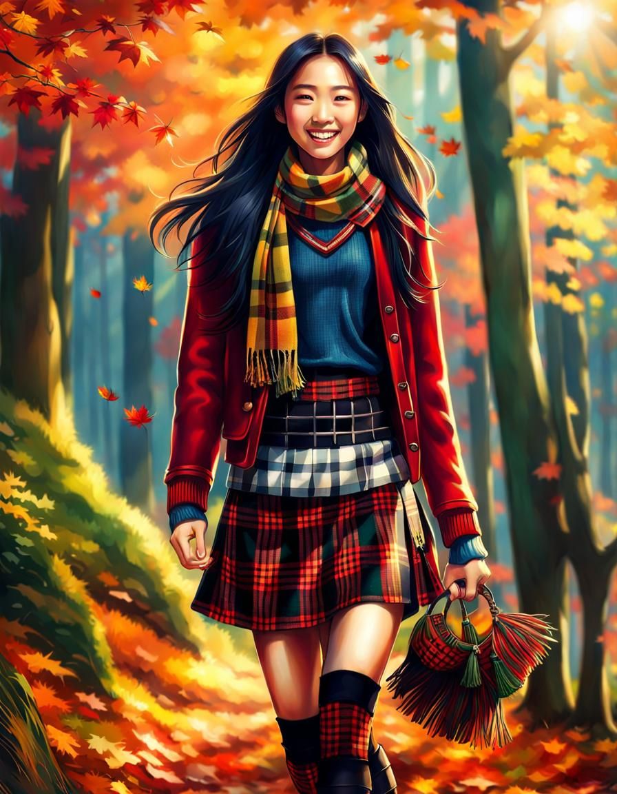 Plaid Girl in Autumn Forest C