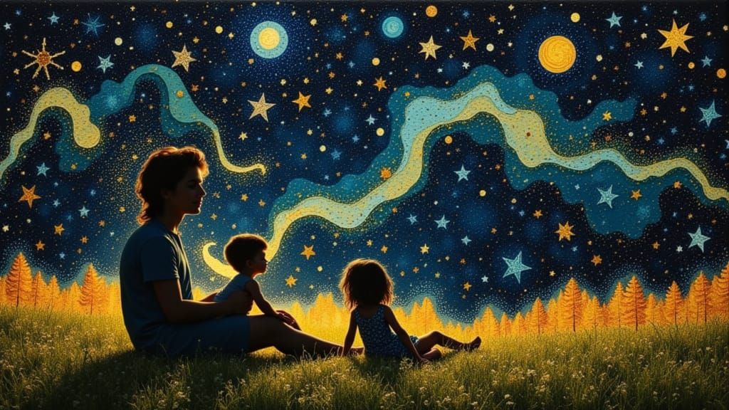 Kinetic Pointillism Dreamscape: Father and Children Stargazi...