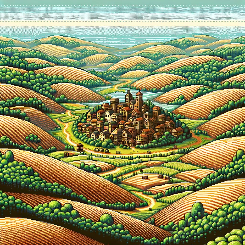 8-Bit Pixel Art City in Hilly Plains