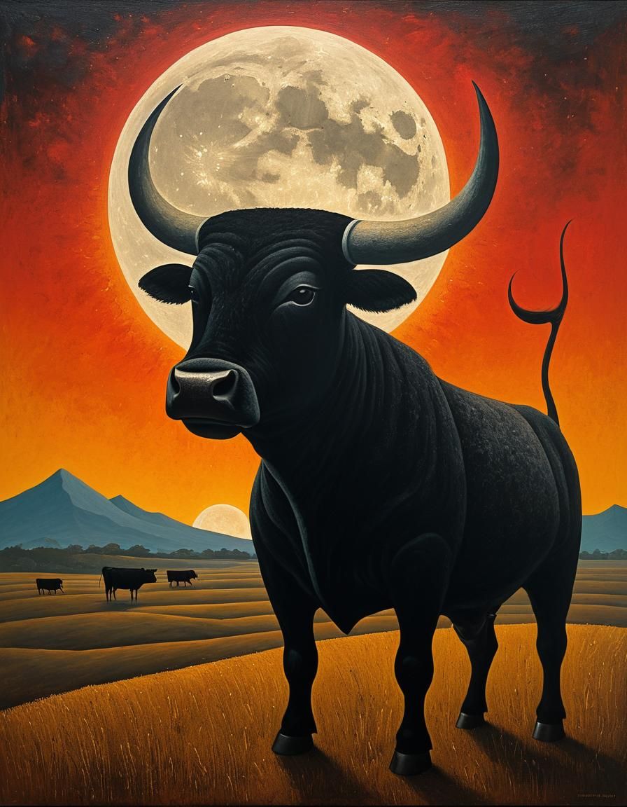 The bull the moon and the sunset