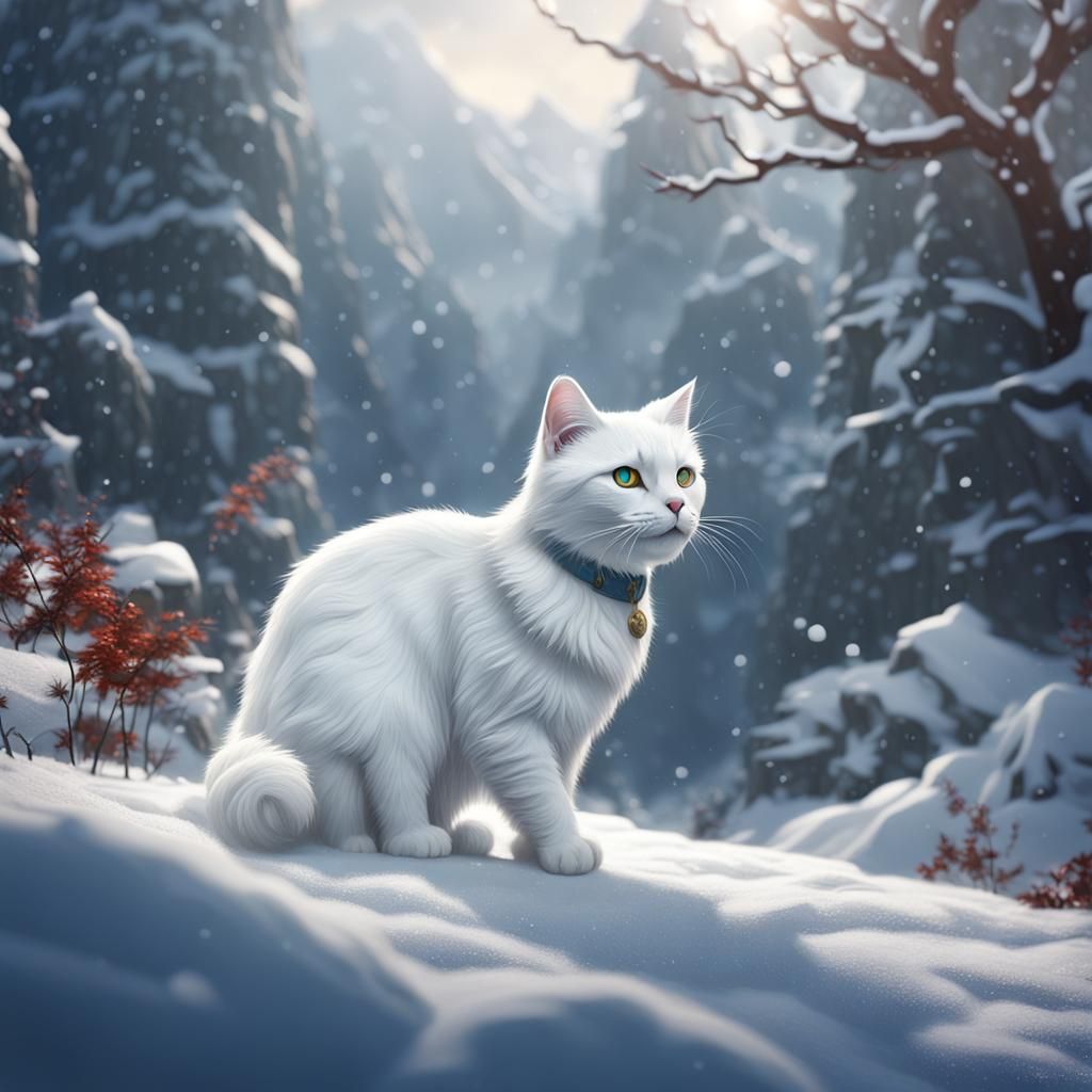 White Cat in Snow: Detailed Matte Painting