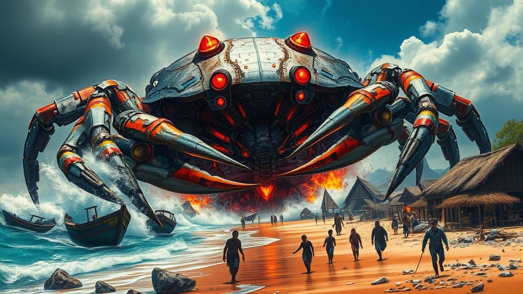 Cyborg Crab Devastates Coastal Village in Futuristic Battle