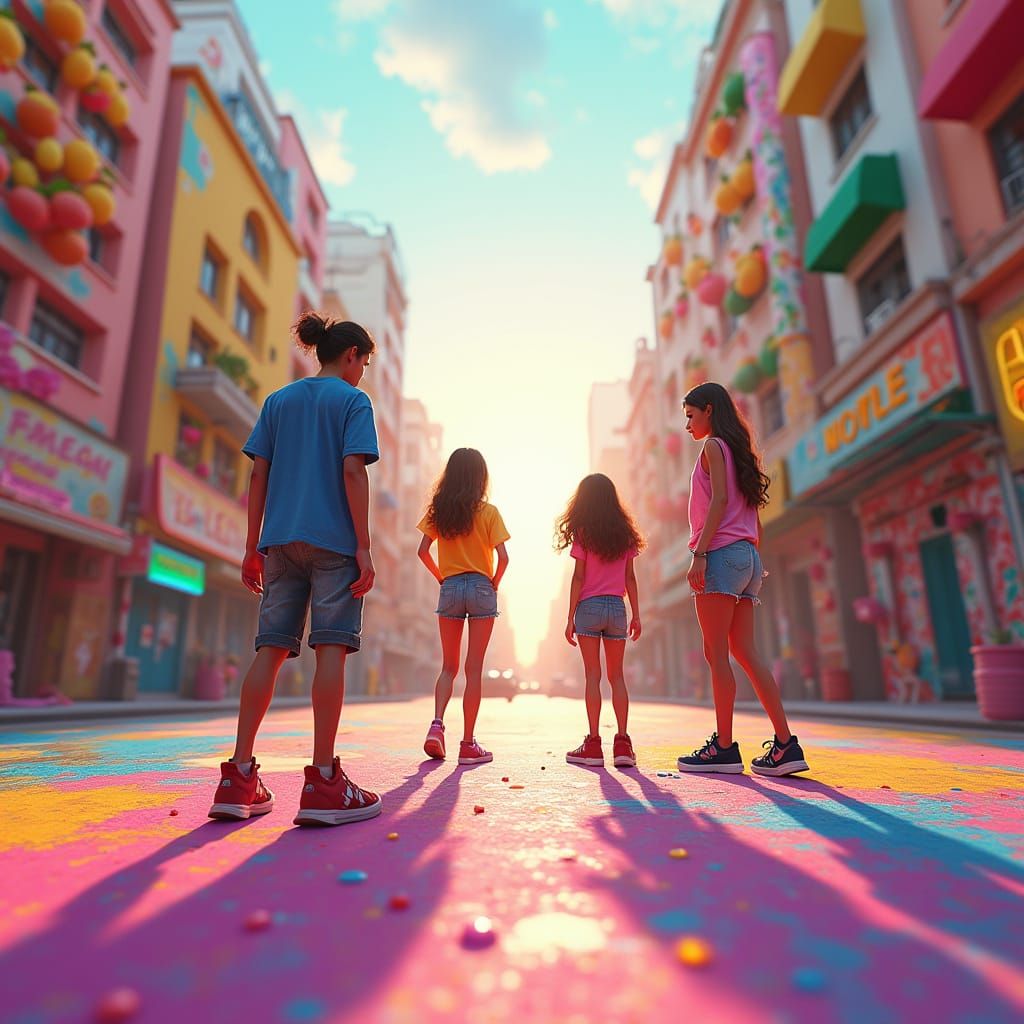 Pixar Style City Street Art with Fruit Accents