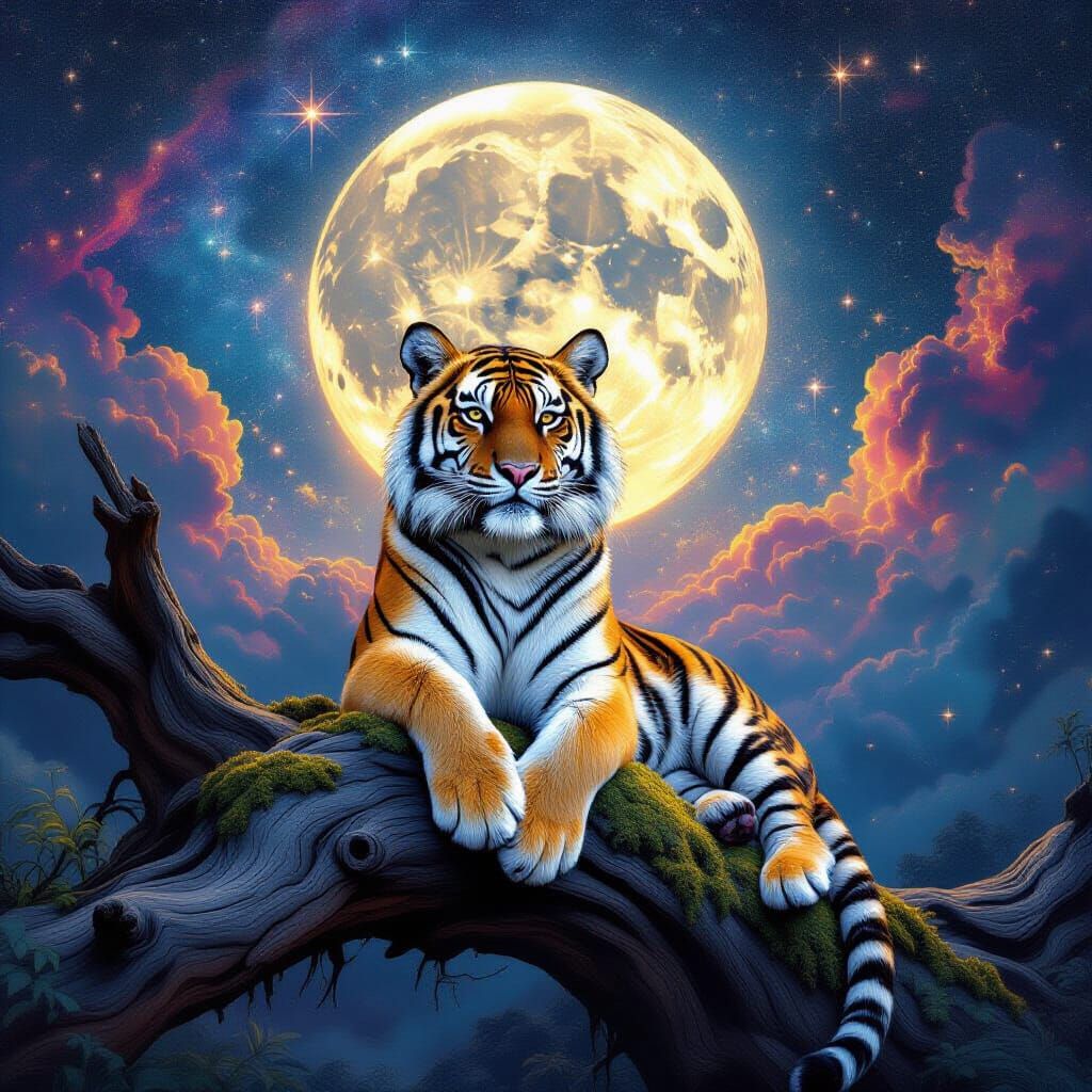 Majestic Tiger Under Ethereal Moon in Astral Illustration
