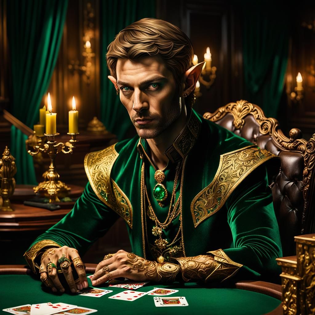 Wood Elf Rogue Gambles in Opulent Study