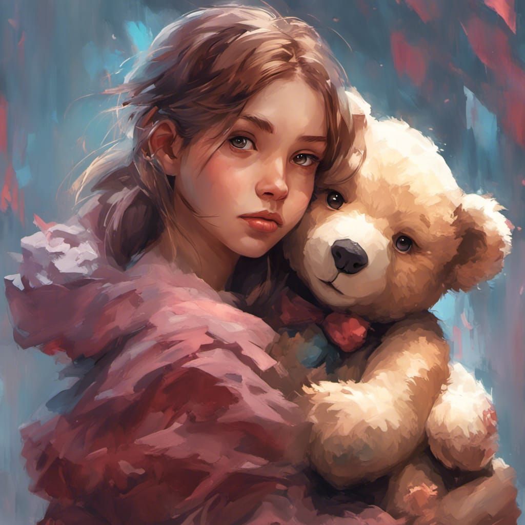 Romantic Portrait of Girl with Teddy Bear in Artstation Styl...